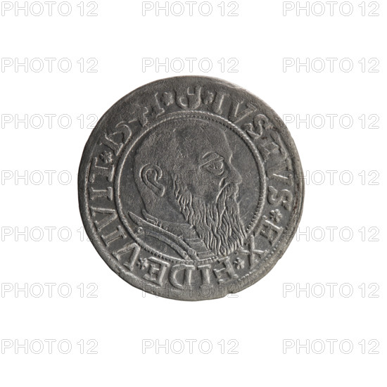 grosz, Schilling, Maciej, R0 (rarity), Albrecht Hohenzollern (Prince of Prussia; 1490–1568) — iconography: Hohenzollern coat of arms, male busts in armor, eagles. Obverse: Prussian eagle with on its chest a crowned letter S; in the rim, between pearl-shaped borders, an inscription beginning with a trefoil ALBER*D*G*MAR*, *PRVSS. Reverse: male bust in armor in profile turned to the right; short hair, long beard with sideburns, dividing the inner border; in the rim, between pearl-shaped borders, an inscription beginning with the Hohenzollern shield *IV, *EX*FIDE*VIVIT. 1541, Königsberg, Ducal Prussia (1525–1701). Coin: diameter 24.1 mm, weight 1.90 g, axis 150°.