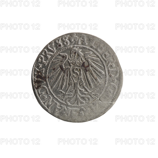 grosz, Schilling, Maciej, R0 (rarity), Albrecht Hohenzollern (Prince of Prussia; 1490-1568) — iconography: eagles, Hohenzollern (coat of arms), male busts in armor. Obv.: Prussian eagle, on its chest the crowned letter S; in the rim, between the pearl-shaped borders, an inscription beginning with a trefoil ALBER*D*G*, RAN*DVX*PRVSS. Rev.: male bust in armor in profile turned to the right; short hair, long beard with sideburns, dividing the inner border; in the rim, between the pearl-shaped borders, an inscription beginning with the Hohenzollern shield *IV, *FIDE*VIVIT*I54I*. 1541, Königsberg, Ducal Prussia (1525–1701). Coin: diameter 23.7 mm, weight 1.77 g, axis 110°.