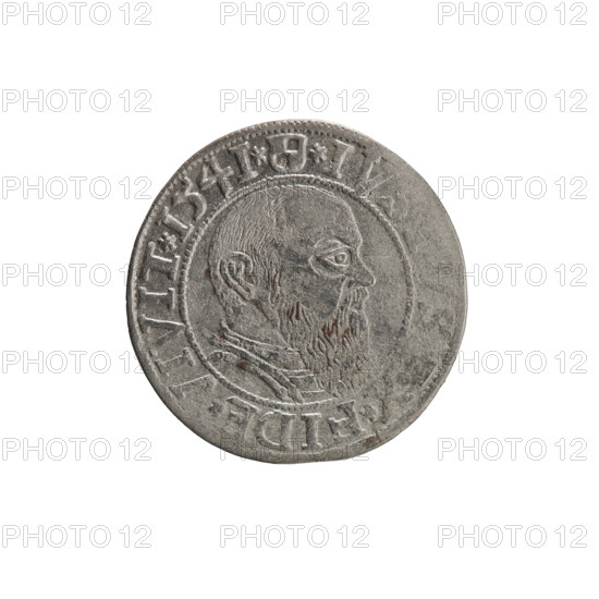 grosz, Schilling, Maciej, R0 (rarity), Albrecht Hohenzollern (Prince of Prussia; 1490–1568) — iconography: eagles, Hohenzollern (coat of arms), male busts in armor. Obverse: Prussian eagle, on its chest the crowned letter S; in the rim, between pearl-shaped borders, an inscription beginning with a trefoil ALBER*D*G*, RAN*DVX*PRVSS. Reverse: male bust in armor in profile turned to the right; short hair, long beard with sideburns, dividing the inner border; in the rim, between pearl-shaped borders, an inscription beginning with the Hohenzollern shield *IV, *FIDE*VIVIT*I54I*. Date: 1541, place: Königsberg, Ducal Prussia (1525–1701). Coin: diameter 23.7 mm, weight 1.77 g, axis 110°.