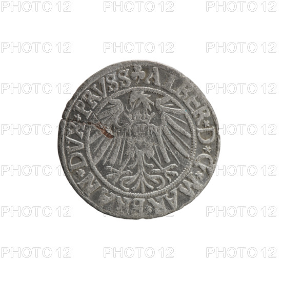 grosz, Schilling, Maciej, R0 (rarity), Albrecht Hohenzollern (Prince of Prussia; 1490–1568) — iconography: eagles, Hohenzollern coat of arms, male busts in armor. Obv.: Prussian eagle, on its chest the crowned letter S; in the rim, between pearl-shaped borders, an inscription beginning with a trefoil ALBER*D*G*MAR*BRAN*DVX*PRVSS. Rev.: Male bust in armor in profile turned to the right; short hair, long beard with sideburns, dividing the inner border; in the rim, between pearl-shaped borders, an inscription beginning with the Hohenzollern shield *IVSTVS*EX*FIDE*VIVIT* I54I*. 1541, Königsberg, Ducal Prussia (1525–1701). Coin: diameter 23.6 mm, weight 1.70 g, axis 270°.