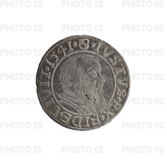 grosz, Schilling, Maciej, R0 (rarity), Albrecht Hohenzollern (Prince of Prussia; 1490–1568) - iconography, eagles, Hohenzollern (coat of arms), male busts in armor. Obv.: Prussian eagle, on its chest the crowned letter S; in the rim between pearl-shaped borders an inscription beginning with a trefoil ALBER*D*G*MAR*BRAN*DVX*PRVSS. Rev.: male bust in armor in profile turned to the right; short hair, long beard with sideburns, dividing the inner border; in the rim between pearl-shaped borders an inscription beginning with the Hohenzollern shield *IVSTVS*EX*FIDE*VIVIT* I54I*. 1541, Königsberg, Ducal Prussia (1525–1701). Coin: diameter 23.6 mm, weight 1.70 g, axis 270°.