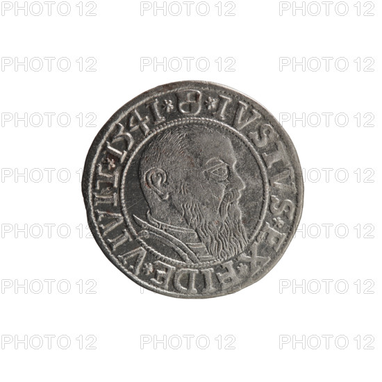 grosz; Schilling, Maciej; R0 (rarity); Albrecht Hohenzollern (Prince of Prussia; 1490–1568) — iconography: eagles, Hohenzollern coat of arms; male busts in armour. Obverse: Prussian eagle, on his chest the crowned letter S; in the rim, between pearl-shaped borders, an inscription beginning with a trefoil ALBER*D*G*MAR*BRAN*DVX*PRVSS. Reverse: male bust in armour in profile turned to the right; short hair, long beard with sideburns, dividing the inner border; in the rim, between pearl-shaped borders, an inscription beginning with the Hohenzollern shield *IVSTVS*EX*FIDE*VIVIT* I54I*. 1541, Königsberg, Ducal Prussia (1525–1701). Coin: diameter 23.9 mm, weight 1.89 g, axis 270°.