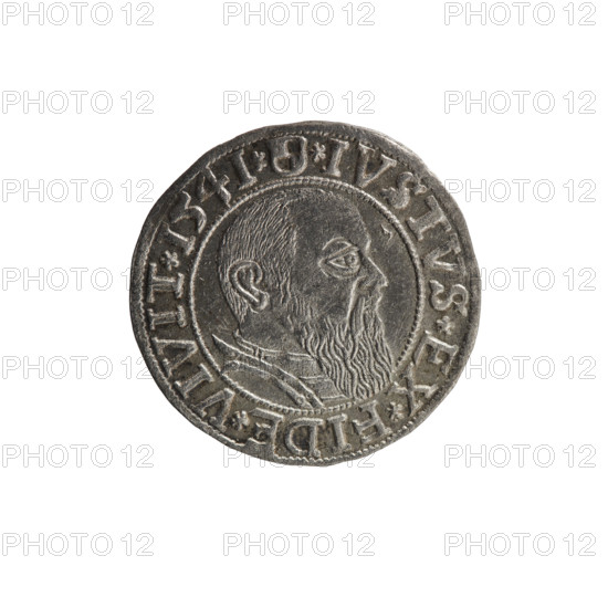 grosz; Schilling; Maciej; R0 (rarity); eagles; Albrecht Hohenzollern (Prince of Prussia; 1490–1568) — iconography; Hohenzollern (coat of arms); male busts in armor. Obverse: Prussian eagle, on its chest the crowned letter S. In the rim, between pearl-shaped borders, an inscription beginning with a trefoil: ALBER*D*G*MAR*BRAN*DVX*PRVSS. Reverse: male bust in armor in profile turned to the right; short hair, long beard with sideburns, dividing the inner border. In the rim, between the pearl-shaped borders, an inscription beginning with the Hohenzollern shield: *IVSTVS*EX*FIDE*VIVIT*I54I*. Date: 1541, Königsberg, Ducal Prussia (1525–1701). Coin: diameter 23.7 mm, weight 2.03 g, axis 315°.