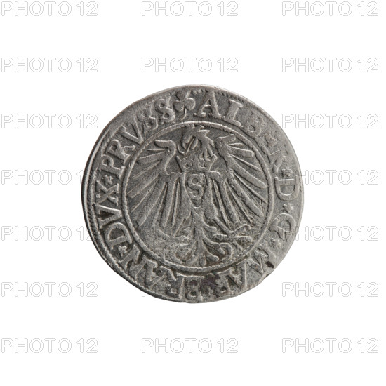 Albrecht Hohenzollern (Prince of Prussia; 1490–1568) — iconography: eagles, Hohenzollern (coat of arms); male busts in armour. Obverse: Prussian eagle; on his chest the crowned letter S; rim between pearl-shaped borders with inscription beginning with a trefoil: ALBER*D*G*MAR*BRAN*DVX*PRVSS. Reverse: male bust in armour in profile to the right; short hair, long beard with sideburns; inner border divided; rim between pearl-shaped borders with inscription beginning with the Hohenzollern shield: *IVSTVS*EX*FIDE*VIVIT*I54I* (1541). Date/place: 1541, Königsberg, Ducal Prussia (1525–1701). Object: coin; diameter 23.7 mm; weight 2.01 g; axis 180°.