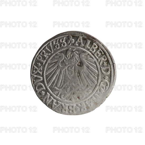 Albrecht Hohenzollern (Prince of Prussia; 1490–1568) — silver coin, 1541, Königsberg, Ducal Prussia (1525–1701). Obverse: Prussian eagle with crowned letter S on its chest; rim between pearl-shaped borders with inscription beginning with a trefoil ALBER*D*G*, R*BRAN*DVX*PRVSS. Reverse: male bust in armor in profile to the right; short hair, long beard with sideburns, inner border divided by Hohenzollern shield and rim inscription beginning *IVSTVS*EX*FIDE*VIVIT*I54I*. Iconography: eagles, Hohenzollern coat of arms, male armored bust. Coin diameter 24.2 mm, weight 1.83 g, axis 45°. Makers/attribution: grosz, Schilling, Maciej, R0 (rarity).