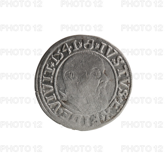 Albrecht Hohenzollern (Prince of Prussia; 1490–1568) — coin, 1541, Königsberg, Ducal Prussia (1525–1701). Obverse: Prussian eagle, on its chest the crowned letter S; rim between pearl-shaped borders with an inscription beginning with a trefoil ALBER*D*G*, R*BRAN*DVX*PRVSS. Reverse: male bust in armor in profile turned to the right; short hair, long beard with sideburns; inner border divided by Hohenzollern shield and rim inscription beginning *IVSTVS*EX*FIDE*VIVIT*I54I*. Iconography includes eagles, Hohenzollern coat of arms, male busts in armor. Coin diameter 24.2 mm, weight 1.83 g, axis 45°. Makers/attribution: Grosz, Schilling, Maciej; R0 (rarity).
