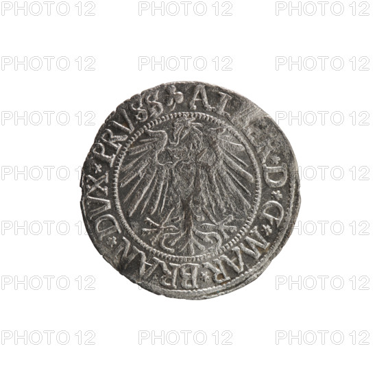 Schilling, Maciej, R0 (rarity), eagles, Hohenzollern (coat of arms), male busts in armor, Albrecht Hohenzollern (Prince of Prussia; 1490–1568) - iconography. Obv.: Prussian eagle, on his chest the crowned letter S; in the rim, between pearl-shaped borders, an inscription beginning with a trefoil AL *D*G*MAR*BRAN*DVX*PRVSS. Rev.: Male bust in armor in profile to the right; short hair, long beard with sideburns, dividing the inner border; in the rim, between pearl-shaped borders, an inscription beginning with the Hohenzollern shield *IVSTVS*EX*FIDE*VIV, 4I*, 1541. Königsberg, Ducal Prussia (1525–1701). Coin: diameter 24.0 mm, weight 1.83 g, axis 30°.