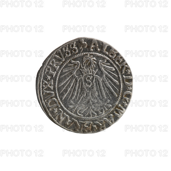 grosz; Schilling, Maciej; R0 (rarity); eagles; Albrecht Hohenzollern (Prince of Prussia; 1490–1568) — iconography; Hohenzollern (coat of arms); male busts in armor. Obv.: Prussian eagle, on his chest the crowned letter S; in the rim, between pearl-shaped borders, an inscription beginning with a trefoil ALBER*D*G*MAR*BRAN*DVX*PRVSS. Rev.: male bust in armor in profile turned to the right; short hair, long beard with sideburns, dividing the inner border; in the rim, between pearl-shaped borders, an inscription beginning with the Hohenzollern shield *IVSTVS*EX*FIDE*VIVIT*I54I*. 1541, Königsberg, Ducal Prussia (1525–1701). Coin: diameter 23.3 mm, weight 2.08 g, axis 270°.