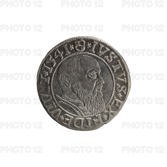 grosz, Schilling, Maciej, R0 (rarity), eagles, Albrecht Hohenzollern (Prince of Prussia; 1490–1568) - iconography, Hohenzollern (coat of arms), male busts in armor, Obv. Prussian eagle, on his chest the crowned letter S. In the rim, between the pearl-shaped borders, an inscription beginning with a trefoil ALBER*D*G*MAR*BRAN*DVX*PRVSS. Rev. Male bust in armor in profile turned to the right; short hair, long beard with sideburns, dividing the inner border. In the rim, between the pearl-shaped borders, an inscription beginning with the Hohenzollern shield *IVSTVS*EX*FIDE*VIVIT* I54I*. 1541, Königsberg, Ducal Prussia (1525–1701). Coin: diameter 23.3 mm, weight 2.08 g, axis 270°.