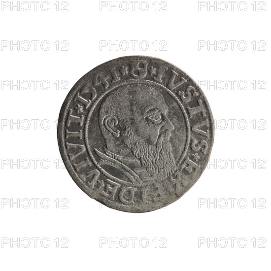 grosz, Schilling, Maciej, R0 (rarity), Albrecht Hohenzollern (Prince of Prussia; 1490–1568) — iconography: eagles, Hohenzollern (coat of arms), male busts in armor. Obverse: Prussian eagle, on its chest the crowned letter S; in the rim between pearl-shaped borders an inscription beginning with a trefoil ALBER*D*G*MAR*BR, DVX*PRVSS. Reverse: male bust in armor in profile turned to the right; short hair, long beard with sideburns, dividing the inner border; in the rim between pearl-shaped borders an inscription beginning with the Hohenzollern shield *IVSTVS*EX, IDE*VIVIT*I54I*. 1541, Königsberg, Ducal Prussia (1525–1701). Coin: diameter 23.8 mm, weight 1.91 g, axis 320°.