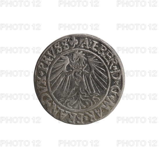 grosz, Schilling, Maciej, R3 (rarity), Albrecht Hohenzollern (Prince of Prussia; 1490–1568) - iconography, eagles, Hohenzollern (coat of arms), male busts in armour. Obv. Prussian eagle, on his chest the crowned letter S. On the rim, between the pearl-shaped borders, an inscription beginning with a trefoil ALBER*D*G*MAR*BRAN*DVX*PRVSS. Rev. Male bust in armour in profile turned to the right; short hair, beard with sideburns. On the rim, between the pearl-shaped borders, an inscription beginning with the Hohenzollern shield *IVSTVS*EX*FIDE*VIVIT* I54I*. 1541, Königsberg, Ducal Prussia (1525–1701), coin: diameter 23.6 mm, weight 1.75 g, axis 340°