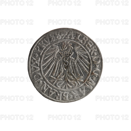 grosz, Schilling, Maciej, R0 (rarity), Albrecht Hohenzollern (Prince of Prussia; 1490–1568) — iconography: eagles, Hohenzollern (coat of arms), male busts in armor. Obv.: Prussian eagle, on its chest the crowned letter S; in rim between pearl-shaped borders an inscription beginning with a trefoil ALBER*D*G*MAR*BRAN*DVX*PRVSS. Rev.: Male bust in armor in profile turned to the right; short hair, long beard with sideburns, dividing the inner border; in rim between pearl-shaped borders an inscription beginning with the Hohenzollern shield *IVSTVS*EX*FIDE*VIVIT* I54I*. 1541, Königsberg, Ducal Prussia (1525–1701). Coin: diameter 23.6 mm, weight 1.92 g, axis 130°.