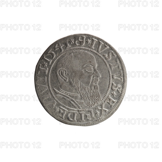 Albrecht Hohenzollern (Prince of Prussia; 1490–1568) — obverse: Prussian eagle, on its chest the crowned letter S; in the rim between pearl-shaped borders an inscription beginning with a trefoil ALBER*D*G*MAR*BRAN*DVX*PRVSS. Reverse: male bust in armor in profile turned to the right; short hair, long beard with sideburns; in the rim between pearl-shaped borders an inscription beginning with the Hohenzollern shield *IVSTVS*EX*FIDE*VIVIT*I54I*. 1541, Königsberg, Ducal Prussia (1525–1701). Coin; diameter 23.6 mm, weight 1.92 g, axis 130°. Iconography: eagles, Hohenzollern coat of arms, male busts in armor. Rarity: R0. Makers: Grosz, Schilling, Maciej.