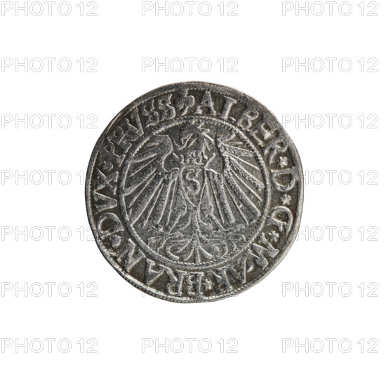grosz, Schilling, Maciej, R3 (rarity), eagles, Albrecht Hohenzollern (Prince of Prussia; 1490–1568) - iconography, Hohenzollern (coat of arms), male busts in armour. Obv.: Prussian eagle, on his chest the crowned letter S; on the rim between pearl-shaped borders an inscription beginning with a trefoil ALBER*D*G*MAR*BRAN*DVX*PRVSS. Rev.: Male bust in armour in profile turned right; short hair, beard with sideburns; on the rim between pearl-shaped borders an inscription beginning with the Hohenzollern shield *IVSTVS*EX*FIDE*VIVIT*I54I*. 1541, Königsberg, Ducal Prussia (1525–1701). Coin: diameter 23.8 mm, weight 1.93 g, axis 270°.