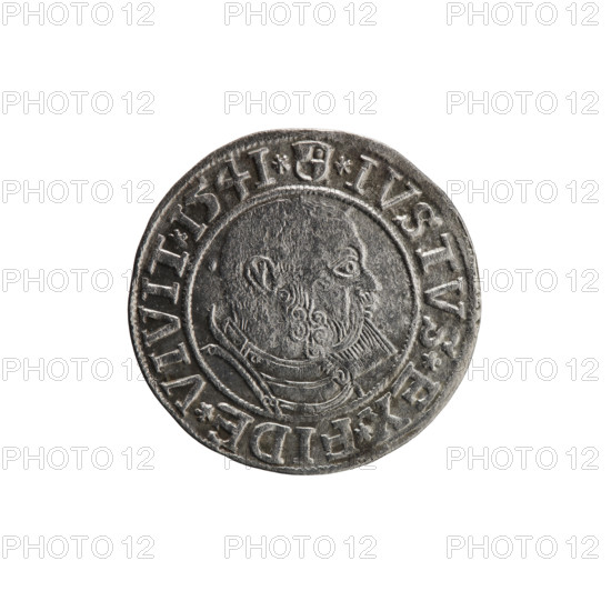 grosz, Schilling, Maciej, R3 (rarity), eagles, Albrecht Hohenzollern (Prince of Prussia; 1490-1568) - iconography, Hohenzollern (coat of arms), male busts in armour, Obv. Prussian eagle, on his chest the crowned letter S. On the rim, between the pearl-shaped borders, an inscription beginning with a trefoil ALBER*D*G*MAR*BRAN*DVX*PRVSS Rev. Male bust in armour in profile turned to the right; short hair, beard with sideburns. On the rim, between the pearl-shaped borders, an inscription beginning with the Hohenzollern shield *IVSTVS*EX*FIDE*VIVIT*I54I*, 1541, Königsberg, Ducal Prussia (1525-1701), coin, diameter 23.8 mm, weight 1.93 g, axis 270 degrees