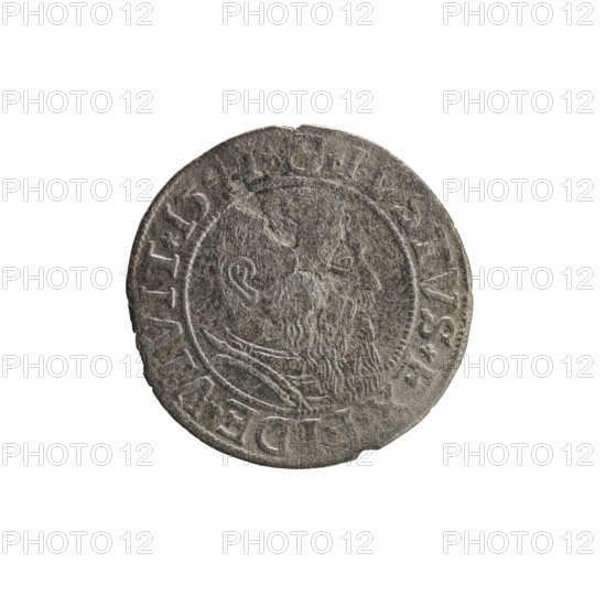 grosz, Schilling, Maciej, R0 (rarity), Albrecht Hohenzollern (Prince of Prussia; 1490–1568) - iconography, eagles, Hohenzollern (coat of arms), male busts in armor. Obv.: Prussian eagle, on its chest the crowned letter S; in the rim, between pearl-shaped borders, an inscription beginning with a trefoil ALBER*D*G*MAR*BRAN*DVX*PRVSS. Rev.: Male bust in armor in profile turned to the right; short hair, long beard with sideburns, dividing the inner border; in the rim, between pearl-shaped borders, an inscription beginning with the Hohenzollern shield *IVSTVS*E, DE*VIVIT*I54I*. 1541, Königsberg, Ducal Prussia (1525–1701). Coin: diameter 23.6 mm, weight 1.63 g, axis 315°.