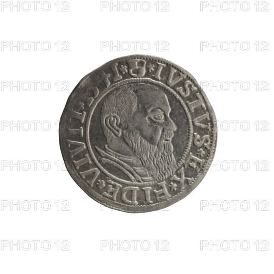 Albrecht Hohenzollern (Prince of Prussia; 1490–1568) — iconography: eagles, Hohenzollern coat of arms, male busts in armor. Obverse: Prussian eagle, on its chest the crowned letter S; rim between pearl-shaped borders with inscription beginning ALBER*D*G*MAR, AN*DVX*PRVSS. Reverse: male bust in armor in profile right; short hair, long beard with sideburns; inner border divided. Rim between pearl-shaped borders with inscription beginning with the Hohenzollern shield *IVSTVS*EX*FIDE*VIVI, 4I*, 1541. Ducal Prussia (1525–1701). Coin: diameter 23.8 mm, weight 1.91 g, axis 220°.