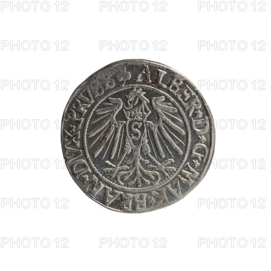 grosz, Schilling, Maciej, R0 (rarity), eagles, Albrecht Hohenzollern (Prince of Prussia; 1490–1568) - iconography, Hohenzollern (coat of arms), male busts in armor, Obv. Prussian eagle, on its chest the crowned letter S. In the rim, between the pearl-shaped borders, an inscription beginning with a trefoil ALBER*D*G*MAR*BRAN*DVX*PRV, Rev. Male bust in armor in profile turned to the right; short hair, long beard with sideburns, dividing the inner border. In the rim, between the pearl-shaped borders, an inscription beginning with the Hohenzollern shield *IVSTVS*EX*FIDE*VIVIT*, 4I*, 1541, Königsberg, Ducal Prussia (1525–1701), coin; diameter 23.6 mm, weight 2.16 g, axis 60 degrees