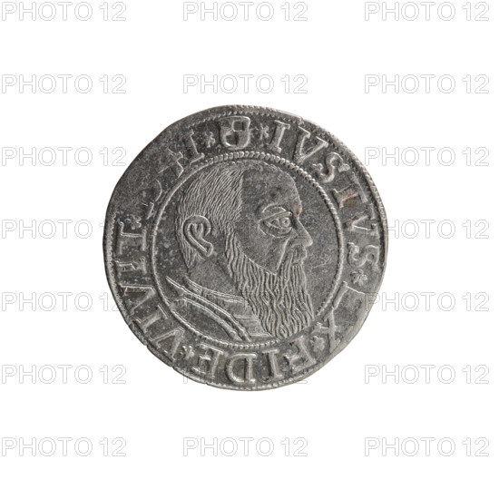 grosz; Schilling, Maciej; R0 (rarity); eagles; Albrecht Hohenzollern (Prince of Prussia; 1490–1568) — iconography; Hohenzollern (coat of arms); male busts in armor. Obverse: Prussian eagle with crowned letter S on its chest; rim inscription beginning with a trefoil ALBER*D*G*MAR*BRAN*DVX*PRV between pearl-shaped borders. Reverse: male bust in armor in profile turned right; short hair, long beard with sideburns; inner border divided by Hohenzollern shield; rim inscription beginning with *IVSTVS*EX*FIDE*VIVIT*. Markings: 4I*, 1541, Königsberg, Ducal Prussia (1525–1701). Coin; diameter 23.6 mm; weight 2.16 g; axis 60°.