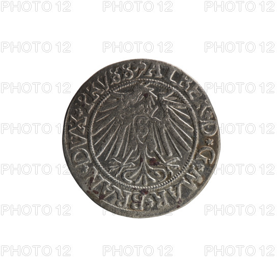Albrecht Hohenzollern (Prince of Prussia; 1490–1568) — coin, 1541, Königsberg, Ducal Prussia (1525–1701). Obverse: Prussian eagle with crowned letter S on its chest; on the rim, between pearl-shaped borders, an inscription beginning with a trefoil ALBER*D*G*MAR*BRAN*DVX*PRVSS. Reverse: male bust in armor in profile to the right; short hair, beard with sideburns; on the rim, between pearl-shaped borders, an inscription beginning with the Hohenzollern shield *IVS, VS*EX*FIDE*VIVIT*I54I*. Coin, diameter 23.3 mm, weight 1.82 g, axis 220°. Iconography: eagles, Hohenzollern coat of arms, male busts in armor. Maker: grosz, Schilling, Maciej; R3 (rarity).