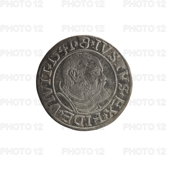 grosz, Schilling, Maciej, R3 (rarity), Albrecht Hohenzollern (Prince of Prussia; 1490–1568) - iconography, eagles, Hohenzollern (coat of arms), male busts in armor. Obv.: Prussian eagle, on his chest the crowned letter S. On the rim, between the pearl-shaped borders, an inscription beginning with a trefoil ALBER*D*G*MAR*BRAN*DVX*PRVSS. Rev.: Male bust in armor in profile turned to the right; short hair, beard with sideburns. On the rim, between the pearl-shaped borders, an inscription beginning with the Hohenzollern shield *IVS, VS*EX*FIDE*VIVIT*I54I*. 1541, Königsberg, Ducal Prussia (1525–1701), coin; diameter 23.3 mm; weight 1.82 g; axis 220°