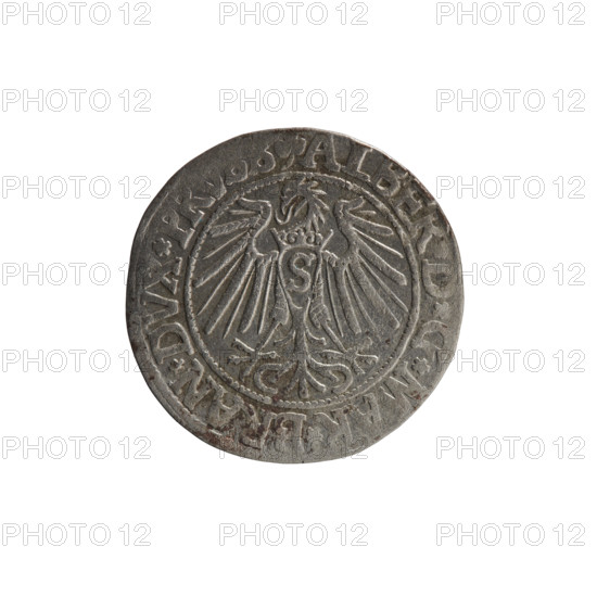 grosz; Schilling, Maciej; R0 (rarity); eagles; Albrecht Hohenzollern (Prince of Prussia; 1490–1568) — iconography; Hohenzollern (coat of arms); male busts in armor. Obverse: Prussian eagle, on its chest the crowned letter S; in the rim, between pearl-shaped borders, inscription beginning with a trefoil ALBER*D*G*M, AN*DVX*PR. Reverse: male bust in armor in profile to the right; short hair, long beard with sideburns, dividing the inner border; in the rim, between pearl-shaped borders, inscription beginning with the Hohenzollern shield *IVS, *, X*FIDE*VIVIT*I54I*. Date: 1541, Königsberg, Ducal Prussia (1525–1701). Coin: diameter 23.5 mm, weight 1.99 g, axis 315°.