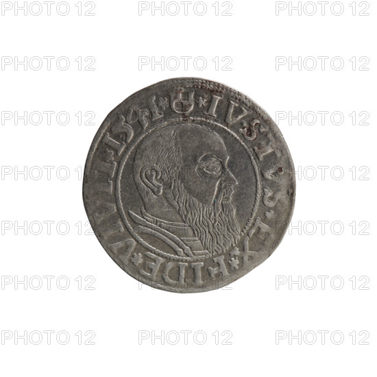 grosz, Schilling, Maciej, R0 (rarity), eagles, Albrecht Hohenzollern (Prince of Prussia; 1490–1568) - iconography, Hohenzollern (coat of arms), male busts in armor. Obv.: Prussian eagle, on its chest the crowned letter S; in the rim, between pearl-shaped borders, inscription beginning with a trefoil ALBER*D*G*M, AN*DVX*PR. Rev.: Male bust in armor in profile turned to the right; short hair, long beard with sideburns, dividing the inner border; in the rim, between pearl-shaped borders, inscription beginning with the Hohenzollern shield *IVS, *, X*FIDE*VIVIT*I54I*. 1541, Königsberg, Ducal Prussia (1525–1701). Coin: diameter 23.5 mm, weight 1.99 g, axis 315°.