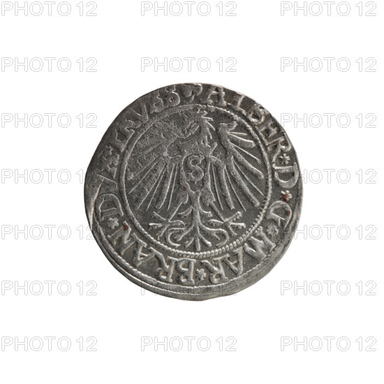 Obv. Prussian eagle, on his chest the crowned letter S. On the rim, between the pearl borders, an inscription beginning with a trefoil, BER*D*G*MAR*BRAN*. Reverse: Male bust in armour in profile turned to the right; short hair, long beard with sideburns, separating the inner border. In the rim between the pearl borders an inscription starting with the Hohenzollern shield *IVSTVS*EX*, DE*VIVIT*I54I*. Albrecht Hohenzollern (Prince of Prussia; 1490–1568) — 1541, Königsberg, Ducal Prussia (1525–1701). Coin: diameter 23.4 mm, weight 2.02 g, axis 220°. Makers: grosz; Schilling; Maciej; Szymonski, Jan (1887–1954).
