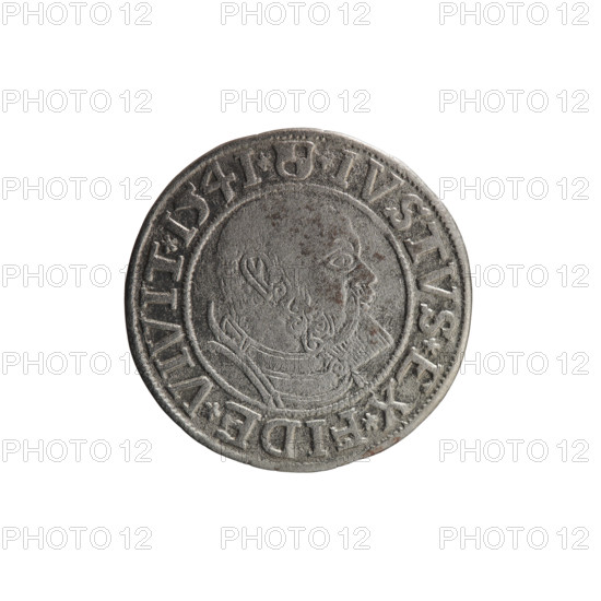 Grosz, Schilling, Maciej, R3 (rarity). Albrecht Hohenzollern (Prince of Prussia; 1490–1568) — iconography: eagles, Hohenzollern coat of arms, male busts in armour. Obverse: Prussian eagle, on its chest the crowned letter S; on the rim between pearl-shaped borders an inscription beginning with a trefoil: ALBER*D*G*MAR*BRAN*DVX*PRVSS. Reverse: male bust in armour in profile turned to the right; short hair, beard with sideburns; on the rim between pearl-shaped borders an inscription beginning with the Hohenzollern shield: *IVSTVS*EX*FIDE*VIVIT*I54I*. 1541, Königsberg, Ducal Prussia (1525–1701). Coin: diameter 23.9 mm, weight 1.83 g, axis 315°.