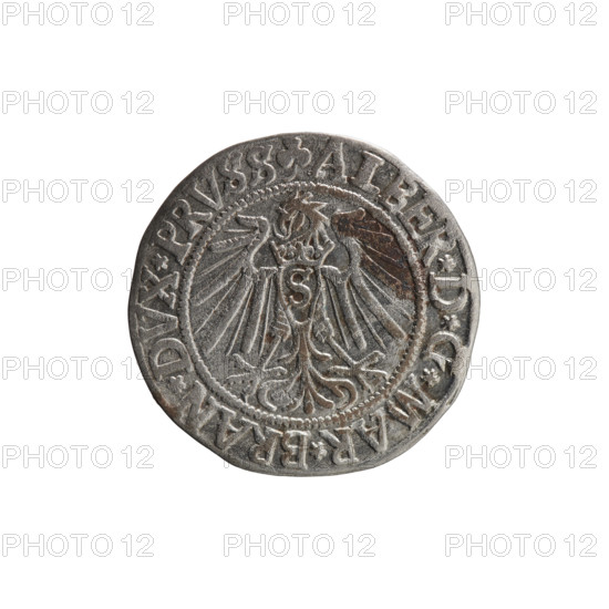 grosz, Schilling, Maciej, R0 (rarity), Albrecht Hohenzollern (Prince of Prussia; 1490–1568) — iconography: Hohenzollern (coat of arms), male busts in armor, eagles. Obverse: Prussian eagle, on its chest the crowned letter S; on the rim, between pearl-shaped borders, an inscription beginning with a trefoil ALBER*D*G*MAR*BRAN*DVX*PRVSS. Reverse: male bust in armor in profile turned to the right; short hair, long beard with sideburns, dividing the inner border; on the rim, between pearl-shaped borders, an inscription beginning with the Hohenzollern shield *IVSTVS*EX*FIDE*VIVIT*I54I*. 1541, Königsberg, Ducal Prussia (1525–1701). Coin: diameter 23.8 mm; weight 1.94 g; axis 315°.