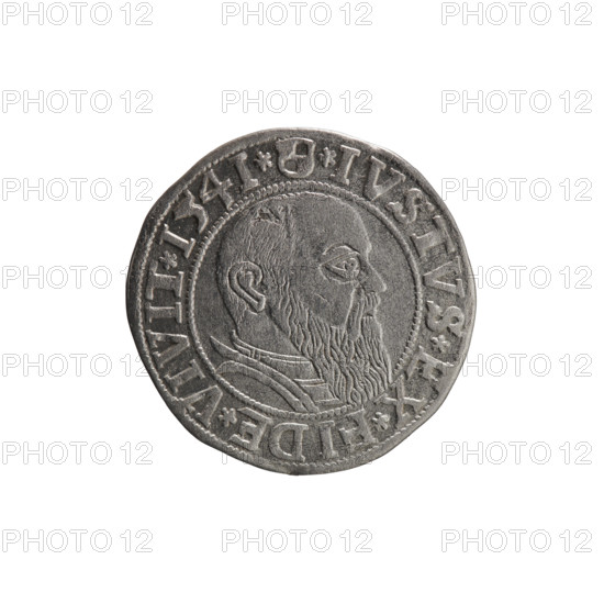 grosz, Schilling, Maciej, R0 (rarity), Albrecht Hohenzollern (Prince of Prussia; 1490-1568) - iconography, Hohenzollern (coat of arms), male busts in armor, eagles, Obv. Prussian eagle, on its chest the crowned letter S. On the rim, between the pearl-shaped borders, an inscription beginning with a trefoil ALBER*D*G*MAR*BRAN*DVX*PRVSS Reverse. Male bust in armor in profile turned to the right; short hair, long beard with sideburns, dividing the inner border. On the rim, between the pearl-shaped borders, an inscription beginning with the Hohenzollern shield *IVSTVS*EX*FIDE*VIVIT*I54I*, 1541, Königsberg, Ducal Prussia (1525-1701), coin: diameter 23.8 mm, weight 1.94 g, axis 315 degrees