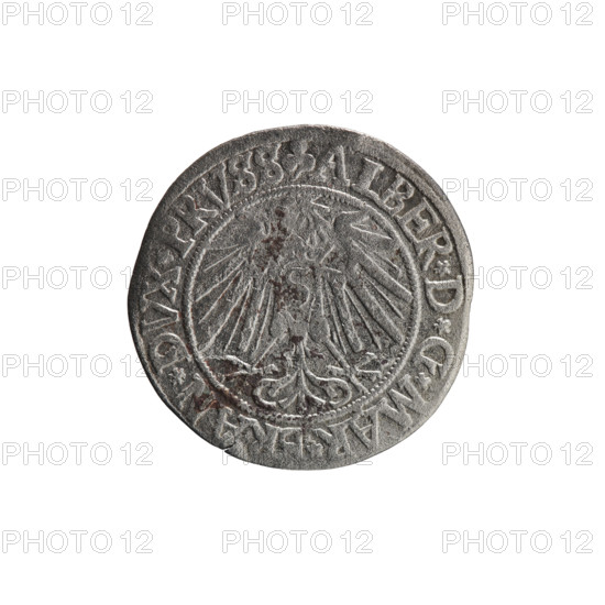 Albrecht Hohenzollern (Prince of Prussia; 1490–1568) — grosz (Schilling, Maciej), R0 (rarity). Obverse: Prussian eagle with crowned letter S on its chest; in rim between pearl-shaped borders an inscription beginning with a trefoil ALBER*D*G*MAR*BRAN*DVX*PRVSS. Reverse: male bust in armor in profile to the right; short hair, long beard with sideburns, dividing the inner border; in rim between pearl-shaped borders an inscription beginning with the Hohenzollern shield *IVSTVS*EX*FIDE*VIVIT*I54I*. 1541. Ducal Prussia (1525–1701). Coin: diameter 23.7 mm, weight 1.84 g, axis 70°.