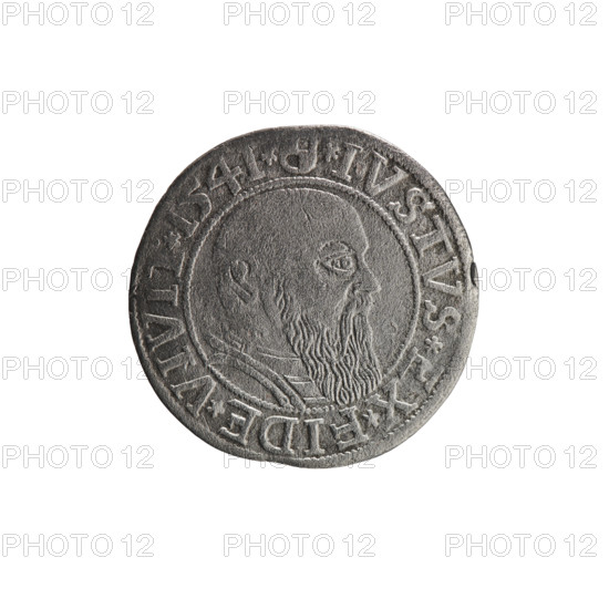 grosz, Schilling, Maciej, R0 (rarity), eagles, Albrecht Hohenzollern (Prince of Prussia; 1490-1568) - iconography, male busts in armor, Hohenzollern (coat of arms). Obv.: Prussian eagle, on his chest the crowned letter S. In the rim, between the pearl-shaped borders, an inscription beginning with a trefoil ALBER*D*G*MAR*BRAN*DVX*PRVSS. Rev.: Male bust in armor in profile turned to the right; short hair, long beard with sideburns, dividing the inner border. In the rim, between the pearl-shaped borders, an inscription beginning with the Hohenzollern shield *IVSTVS*EX*FIDE*VIVIT*I54I*. 1541, Königsberg, Ducal Prussia (1525–1701). Coin: diameter 23.7 mm, weight 1.84 g, axis 70 degrees.