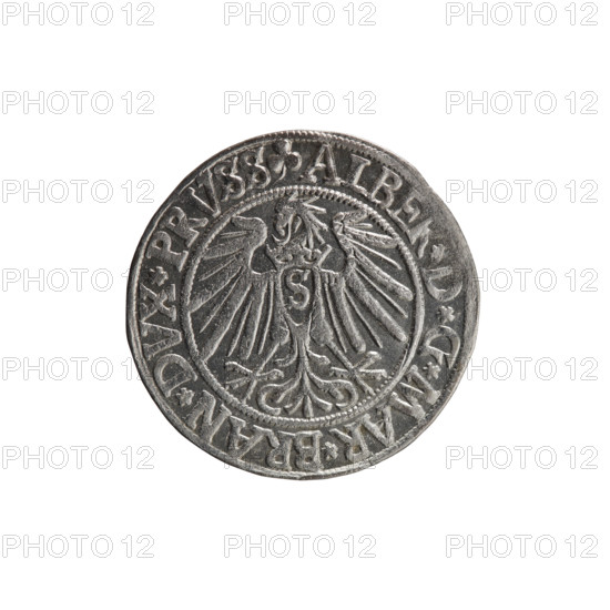 grosz, Schilling, Maciej, R0 (rarity), Albrecht Hohenzollern (Prince of Prussia; 1490-1568) - iconography, eagles, Hohenzollern (coat of arms), male busts in armor. Obv. Prussian eagle, on its chest the crowned letter S. In the rim, between the pearl-shaped borders, an inscription beginning with a trefoil ALBER*D*G*MAR*BRAN*DVX*PRVSS. Rev. Male bust in armor in profile turned to the right; short hair, long beard with sideburns, dividing the inner border. In the rim, between the pearl-shaped borders, an inscription beginning with the Hohenzollern shield *IVSTVS*EX*FIDE*VIVIT*I54I*. 1541, Königsberg, Ducal Prussia (1525-1701). Coin: diameter 23.9 mm, weight 1.98 g, axis 40 degrees.