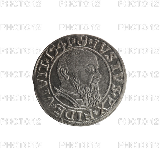 Albrecht Hohenzollern (Prince of Prussia; 1490–1568) — grosz (Schilling), R0 (rarity), 1541, Königsberg, Ducal Prussia (1525–1701). Coin; diameter 23.9 mm, weight 1.98 g, axis 40°. Obverse: Prussian eagle; on its chest the crowned letter S. In the rim, between pearl-shaped borders, an inscription beginning with a trefoil: ALBER*D*G*MAR*BRAN*DVX*PRVSS. Reverse: Male bust in armor in profile turned to the right; short hair, long beard with sideburns, dividing the inner border. In the rim, between pearl-shaped borders, an inscription beginning with the Hohenzollern shield: *IVSTVS*EX*FIDE*VIVIT*I54I*. Subjects/icons: eagles, Hohenzollern coat of arms, male busts in armor.
