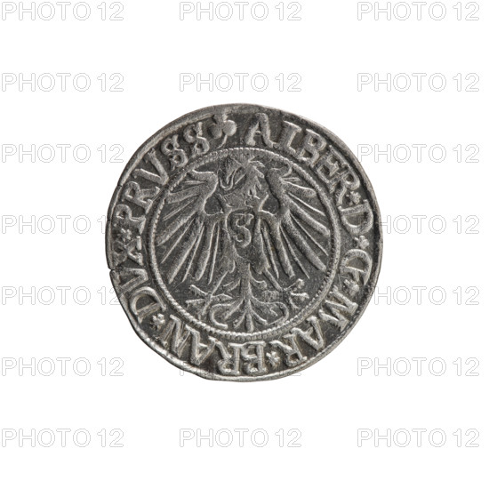 Albrecht Hohenzollern (Prince of Prussia; 1490–1568) — coin, 1541, Königsberg, Ducal Prussia (1525–1701). Obverse: Prussian eagle, on its chest the crowned letter S; in the rim between pearl-shaped borders an inscription beginning with a trefoil ALBER*D*G*MAR*BRAN*DVX*PRVSS. Reverse: male bust in armor in profile turned to the right; short hair, long beard with sideburns; in the rim between pearl-shaped borders an inscription beginning with the Hohenzollern shield *IVSTVS*EX*FIDE*VIVIT*I54I*. Diameter 23.7 mm, weight 1.90 g, axis 170°. Iconography: eagles, Hohenzollern coat of arms, male busts in armor. Rarity R0. Maker: Grosz, Schilling, Maciej.