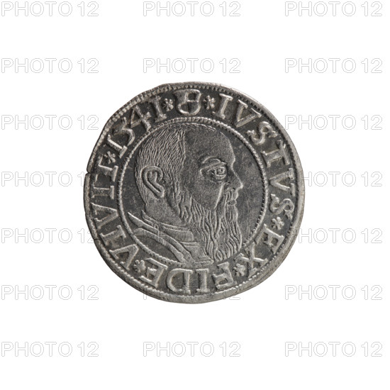 Albrecht Hohenzollern (Prince of Prussia; 1490–1568) — coin (1541, Königsberg, Ducal Prussia). Obverse: Prussian eagle, on its chest the crowned letter S; rim between pearl-shaped borders with inscription beginning with a trefoil ALBER*D*G*MAR*BRAN*DVX*PRVSS. Reverse: male bust in armor in profile turned right; short hair, long beard with sideburns; rim between pearl-shaped borders with inscription beginning with the Hohenzollern shield *IVSTVS*EX*FIDE*VIVIT*I54I*. Diameter 23.7 mm, weight 1.90 g, axis 170°. Icons: iconography, eagles, Hohenzollern coat of arms, male busts in armor. Rarity: R0. Makers: Grosz, Schilling, Maciej.
