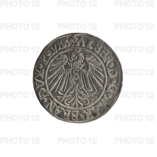 grosz, Schilling, Maciej, R3 (rarity), Albrecht Hohenzollern (Prince of Prussia; 1490–1568) - iconography, eagles, Hohenzollern (coat of arms), male busts in armour, Obv. Prussian eagle, on his chest the crowned letter S. On the rim, between the pearl-shaped borders, an inscription beginning with a trefoil ALBER*D*G*MAR*BRAN*DVX*PRVSS. Rev. Male bust in armour in profile turned to the right; short hair, beard with sideburns. On the rim, between the pearl-shaped borders, an inscription beginning with the Hohenzollern shield *IVSTVS*EX*FIDE*VIVIT*I54I*. 1541, Königsberg, Ducal Prussia (1525–1701), coin: diameter 23.7 mm, weight 1.87 g, axis 260 degrees