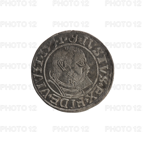 grosz, Schilling, Maciej, R3 (rarity), Albrecht Hohenzollern (Prince of Prussia; 1490–1568) — iconography: eagles, Hohenzollern (coat of arms), male busts in armour. Obv.: Prussian eagle, on his chest the crowned letter S; on the rim between pearl-shaped borders an inscription beginning with a trefoil ALBER*D*G*MAR*BRAN*DVX*PRVSS. Rev.: male bust in armour in profile to the right; short hair, beard with sideburns; on the rim between pearl-shaped borders an inscription beginning with the Hohenzollern shield *IVSTVS*EX*FIDE*VIVIT*I54I*. Dated 1541, Königsberg, Ducal Prussia (1525–1701). Coin: diameter 23.7 mm, weight 1.87 g, axis 260°.