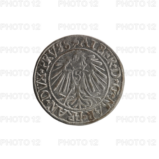 Albrecht Hohenzollern (Prince of Prussia; 1490–1568) — coin, 1541, Königsberg, Ducal Prussia (1525–1701). Obverse: Prussian eagle, on its chest the crowned letter S; rim between pearl-shaped borders with inscription beginning with a trefoil ALBER*D*G*MAR*BRAN*DVX*PRVS. Reverse: male bust in armor in profile to the right; short hair, long beard with sideburns, inner border divided by Hohenzollern shield; rim between pearl-shaped borders with inscription beginning *IVSTVS*EX, IDE*VIVIT*I54I*. Coin diameter 23.8 mm, weight 1.94 g, axis 190°. Iconography: eagles, Hohenzollern coat of arms, male busts in armor. Maker: grosz, Schilling, Maciej; rarity R0.