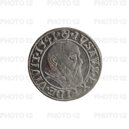 Albrecht Hohenzollern (Prince of Prussia; 1490–1568) — iconography: eagles, Hohenzollern (coat of arms), male busts in armor. Obverse: Prussian eagle with on its chest the crowned letter S; in the rim between pearl-shaped borders an inscription beginning with a trefoil ALBER*D*G*MAR*BRAN*DVX*PRVS. Reverse: male bust in armor in profile to the right; short hair, long beard with sideburns, dividing the inner border; in the rim between pearl-shaped borders an inscription beginning with the Hohenzollern shield *IVSTVS*EX, IDE*VIVIT*I54I*. 1541. Ducal Prussia (1525–1701). Coin: diameter 23.8 mm, weight 1.94 g, axis 190°.