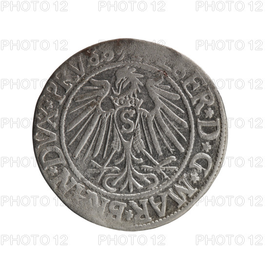grosz, Straub (Strawb), Heinrich, R0 (rarity), Albrecht Hohenzollern (Prince of Prussia; 1490–1568) — iconography: eagles, Hohenzollern (coat of arms), male busts in armor. Obverse: Prussian eagle; on its chest the crowned letter S. In the rim, between pearl-shaped borders, an inscription beginning with a trefoil, 'BER*D*G*MAR*B, N*DVX*PRVSS'. Reverse: male bust in armor in profile turned to the right; short hair, long beard with sideburns, dividing the inner border. In the rim, between pearl-shaped borders, an inscription beginning with the Hohenzollern shield, 'VSTVS*EX*F, DE*VIVIT*I54Z'. 1542, Königsberg, Ducal Prussia (1525–1701). Coin: diameter 23.3 mm, weight 1.87 g, axis 320°.