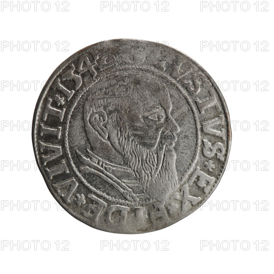 Heinrich Straub (Strawb) grosz, R0 (rarity). Obverse: Prussian eagle, on its chest the crowned letter S; rim between pearl borders with a trefoil and inscription beginning BER*D*G*MAR*B, N*DVX*PRVSS. Reverse: Male bust in armor in profile to the right; short hair, long beard with sideburns, dividing the inner border. Rim between pearl borders with Hohenzollern shield and inscription VSTVS*EX*F, DE*VIVIT*I54Z. Inscribed 1542. Albrecht Hohenzollern (Prince of Prussia; 1490–1568) iconography; Hohenzollern coat of arms; eagles. Minted in Königsberg, Ducal Prussia (1525–1701). Coin: diameter 23.3 mm, weight 1.87 g, axis 320°.