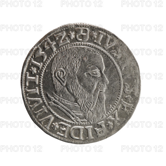 grosz, Straub (Strawb), Heinrich, R0 (rarity), Albrecht Hohenzollern (Prince of Prussia; 1490–1568) — iconography: eagles, male busts in armor, Hohenzollern coat of arms. Obverse: Prussian eagle; on its chest the crowned letter S; on the rim between pearl-shaped borders an inscription beginning with a trefoil ALBE, G*MAR*BRAN*DVX*PRVSS. Reverse: male bust in armor in profile turned to the right; short hair, long beard with sideburns, dividing the inner border; on the rim between pearl-shaped borders an inscription beginning with the Hohenzollern shield *IV, S*EX*FIDE*VIVIT*I54Z*. 1542. Ducal Prussia (1525–1701), Königsberg. Coin: diameter 23.3 mm, weight 1.99 g, axis 220°.