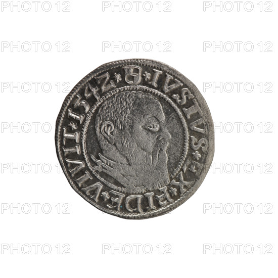 Albrecht Hohenzollern (Prince of Prussia; 1490–1568) — coin, 1542, Königsberg, Ducal Prussia (1525–1701). Obverse: Prussian eagle, on its chest the crowned letter S; rim between pearl-shaped borders bears inscription beginning with a trefoil: ALBER*D*G*MAR*BRAN*DVX*PRVSS. Reverse: male bust in armor in profile to the right; short hair, long beard with sideburns; inner border divided by Hohenzollern shield; rim between pearl-shaped borders bears inscription beginning with *IVSTVS*EX*FIDE*VIVIT*I54Z*. Diameter 23.9 mm, weight 2.00 g, axis 280°. Maker: grosz, Straub (Strawb), Heinrich, R0 (rarity). Iconography: eagles, Hohenzollern coat of arms, male busts in armor.