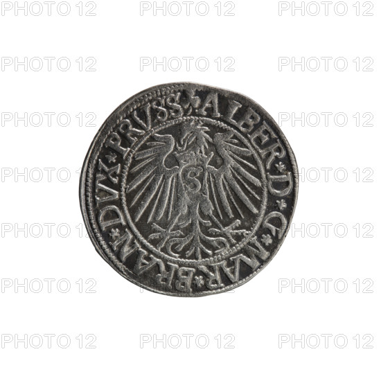 grosz, Straub (Strawb), Heinrich, R0 (rarity); eagles, Hohenzollern (coat of arms); male busts in armor; Albrecht Hohenzollern (Prince of Prussia; 1490–1568) — iconography. Obv.: Prussian eagle, on its chest the crowned letter S; in the rim, between pearl-shaped borders, inscription beginning with a trefoil ALBER*D*G*MAR*BRAN*DVX*PRVSS. Rev.: male bust in armor in profile to the right; short hair, long beard with sideburns, dividing the inner border; in the rim, between pearl-shaped borders, inscription beginning with the Hohenzollern shield *IVSTVS*EX*FIDE*VIVIT*I54Z*. 1542, Königsberg, Ducal Prussia (1525–1701). Coin: diameter 23.7 mm, weight 1.92 g, axis 135°.