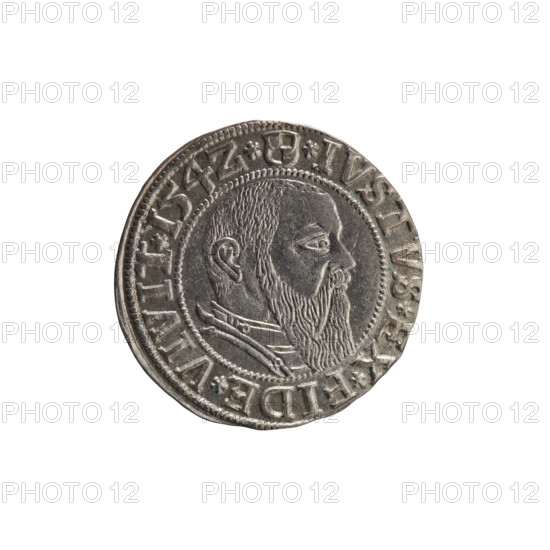 grosz, Straub (Strawb), Heinrich, R0 (rarity), Albrecht Hohenzollern (Prince of Prussia; 1490–1568) — iconography: Hohenzollern coat of arms, eagles, male busts in armour. Obv.: Prussian eagle, on its chest the crowned letter S; in the rim, between pearl-shaped borders, an inscription beginning with a trefoil ALBER*D*G*MAR*BRAN*DVX*PRVSS. Rev.: Male bust in armour in profile turned to the right; short hair, long beard with sideburns, dividing the inner border; in the rim, between the pearl-shaped borders, an inscription beginning with the Hohenzollern shield *IVSTVS*EX*FIDE*VIVIT*I54Z*. 1542, Königsberg, Ducal Prussia (1525–1701). Coin: diameter 23.3 mm, weight 1.95 g, axis 45°.