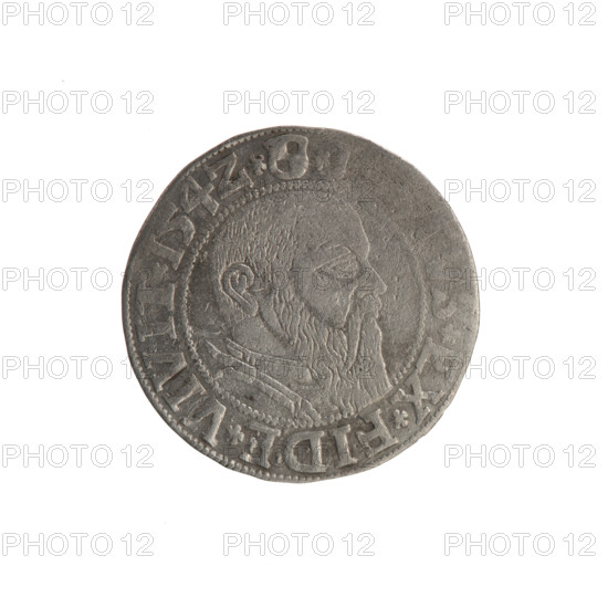 grosz, Straub (Strawb), Heinrich, R0 (rarity). Albrecht Hohenzollern (Prince of Prussia; 1490–1568) — iconography: eagles, Hohenzollern coat of arms, trefoils, male busts in armour. Hoard from the village of Wsola (numismatic context). Obverse: Prussian eagle, on his chest the crowned letter S; on the rim between the pearl borders an inscription beginning with a trefoil ALBER*D*G*MAR*BRAN, DVX*PRVSS. Reverse: male bust in armour in profile turned to the right; short hair, long beard with sideburns, separating the inner border; in the rim between the pearl borders an inscription starting with the Hohenzollern shield *IV, VS*EX*FIDE*VIVIT*I54Z*. Date: 1542. Place: Königsberg, Ducal Prussia (1525–1701). Coin: diameter 23.4 mm, weight 1.87 g, axis 45°.