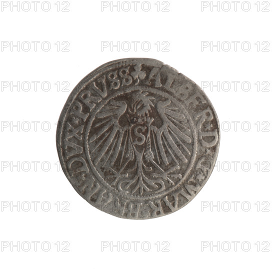 grosz; maker: Straub (Strawb), Heinrich; rarity R0; motif: eagles, trefoils, Hohenzollern coat of arms, male busts in armour; subject: Albrecht Hohenzollern (Prince of Prussia; 1490–1568); hoard find: from the village of Wsola (numismatic); iconography: Obv. Prussian eagle, on its chest the crowned letter S; rim inscription (between pearl borders) beginning with a trefoil: ALBER*D*G*MAR*BRAN*DVX*PRVSS; Rev. male bust in armour in profile to right; short hair, long beard with sideburns, inner border separated; rim inscription (between pearl borders) starting with Hohenzollern shield: *IVSTVS*EX*FIDE*VIVIT*I54Z*; date 1542; place: Königsberg, Ducal Prussia (1525–1701); object: coin (grosz); diameter 23.6 mm; weight 1.90 g; axis 200°.