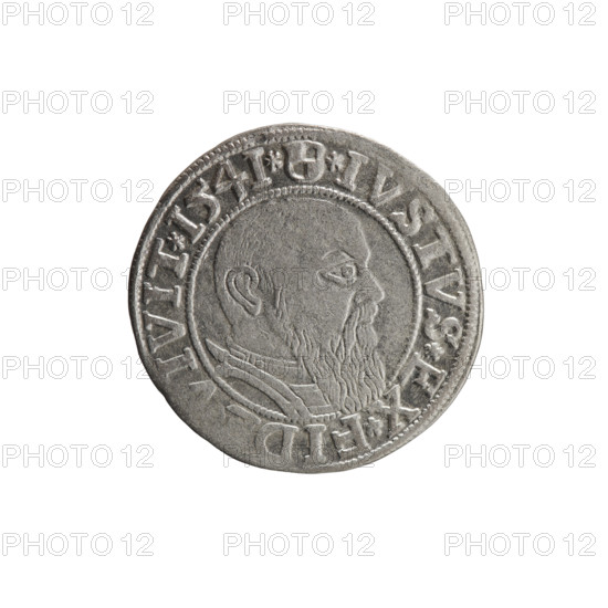 grosz; Straub (Strawb), Heinrich. Albrecht Hohenzollern (Prince of Prussia; 1490–1568) — iconography: eagles, Hohenzollern coat of arms, male busts in armor. Obverse: Prussian eagle, on its chest a crowned letter S; in the rim between pearl-shaped borders the inscription 'ALBE *D*G*MAR*BRAN*DVX*P'. Reverse: male bust in armor in profile turned to the right; short hair, long beard with sideburns; in the rim between pearl-shaped borders an inscription beginning with the Hohenzollern shield, 'EX*FIDE*VIVIT*I54Z*'. 1542, Königsberg, Ducal Prussia (1525–1701). Coin: diameter 23.8 mm, weight 1.90 g, axis 20°.